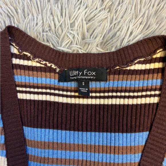 Striped Ribbed Knit Zip Front Tank - Brown, Blue, Cream - Picture 3 of 3
